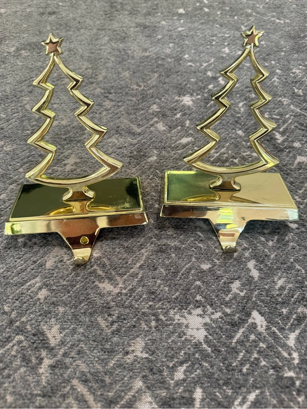 Vintage Pottery Barn Brass Christmas Tree Stocking Holders Mantel Hooks Set of 2